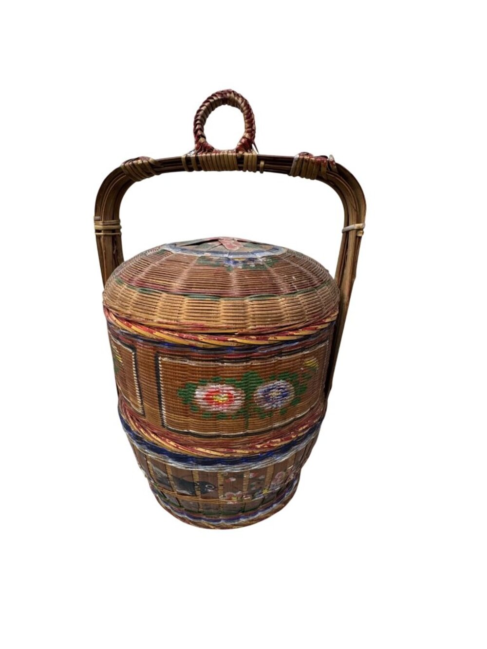 Vtg Chinese Lacquer Wedding Basket Handle 3 Tier Food Carrier 18" Hand Painted